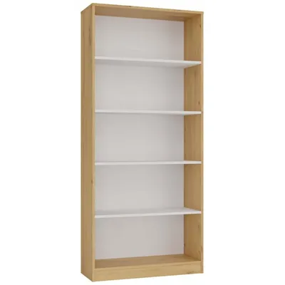 A tall, narrow bookshelf with a light wood frame and white shelves, shown against a white background.