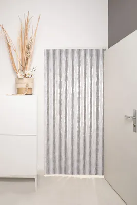 Image de Defactoshop Rideau anti-insectes "Defacto Rideau de porte à fils Rideau en peluche PVC 100x210cm Rideau anti-mouches bandes Gris/Blanc