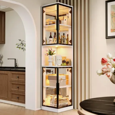 Produktbild von LED-Vitrinenschrank mit doppelten Glastüren und verspiegelter Rückwand, farbwechselnder Beleuchtung & Kippschutzvorrichtung, als Weinschrank, Weiß