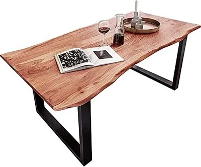 Produktbild von Baumkantentisch 160x85 cm Quarto, Akazienholz massiv + naturfarben, Esstisch mit schwarzem U-Gestell, Esszimmertisch/Holztisch Industrial-Design, Tischplatte 26 mm