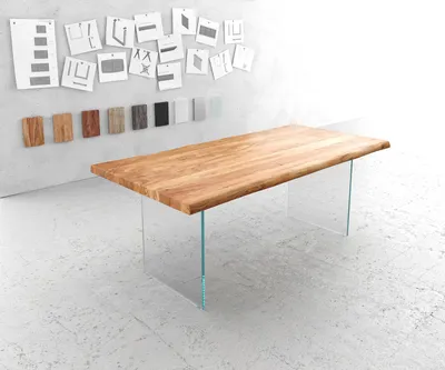 Produktbild von Massivholztisch Live-Edge Akazie Natur 200x100 Platte 5,5 cm Glasbeine Baumtisch