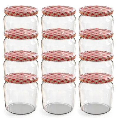 Image de Pot à conserve bocal à vis - 360 ml - Verre rouge à carreaux - Lot de 12
