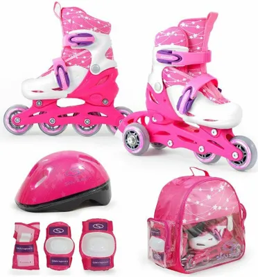 Produktbild von Kinder Mädchen 2in1 Inliner Rollschuhe VERSTELLBAR + Schutzausrüstung + Helm – ROSA Gr. 26-29