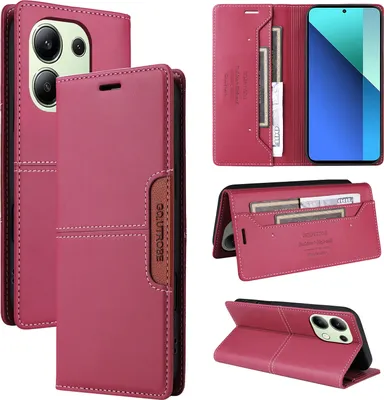 Obrázek produktu pro Pouzdro pro Xiaomi Redmi Note 13 4G, kožené flipové peněženkové pouzdro s přihrádkou na karty a stojánkem Červený