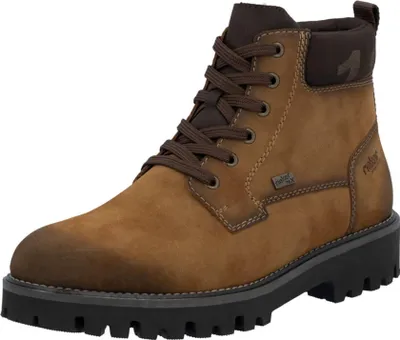 A single brown leather boot is shown against a white background.