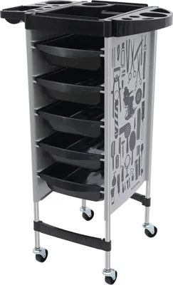 Image de Chariot de coiffure - Chariot à roulettes avec 5 tiroirs - Plan de travail rabattable - 4 roulettes pivotantes - Capacité de charge élevée - PP et acier inoxydable - Pour salon et spa - Gris-blanc, noir