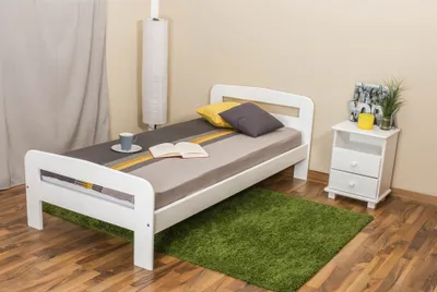 Produktbild von Einzelbett / Gästebett Kiefer Vollholz massiv weiß lackiert A6, inkl. Lattenrost - Abmessung 90 x 200 cm