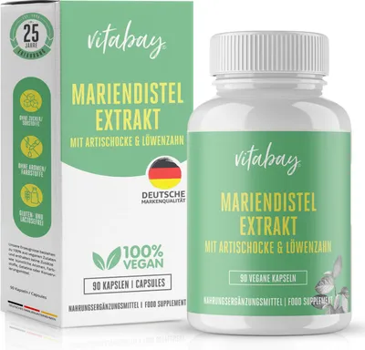 Produktbild von Vitabay Mariendistel-Artischocke-Löwenzahn Komplex – 90 vegane Kapseln, hochdosiert mit 250 mg Mariendistel-Extrakt & Artischockenextrakt