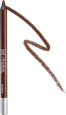 A brown eyeliner pencil with a swatch of the eyeliner on a white background.