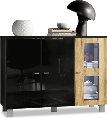 Produktbild von Vladon Sideboard Denjo,  Germany, Kommode mit 3 Türen, Schwarz matt/Schwarz Hochglanz/Eiche Natur, inkl. LED-Beleuchtung (107 x 81 x 35 cm)