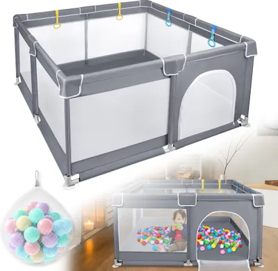 Produktbild von LZQ Laufstall Baby, 127×127×68cm Laufgitter Baby Große Sicherheitsspielplatz Schutzgitter für Kinder mit Weichem Netz, Rutschfestem Oxford Bottom, Bällen und 4 Zugringen,Schwarz