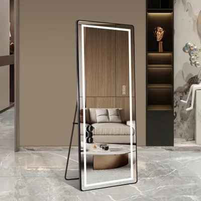 Produktbild von AIORBER LED Ganzkörperspiegel 163x54 cm dimmbar 3 Lichtfarben Stand Wandmontage Ankleidespiegel mit Rahmen Aluminium Spiegel Schwarz
