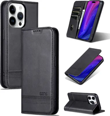 Image de Etui en cuir pour iPhone 16 Pro, étui portefeuille pliable avec fermeture magnétique et support noir