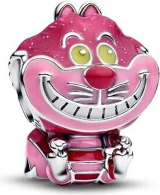 A close-up studio shot of a pink Cheshire Cat charm.