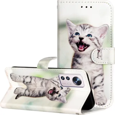 Produktbild von CLM-Tech Hülle kompatibel mit Xiaomi 12 Pro - Tasche aus Kunstleder - Klapphülle mit Ständer und Kartenfächern, fröhliche Katze