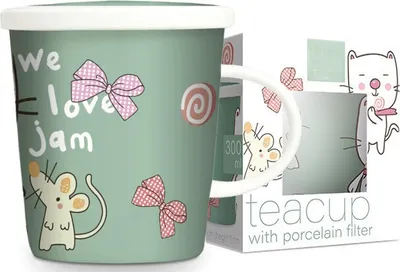 Produktbild von Teebecher mit Teesieb und Deckel | Katz und Maus "we love jam" | Becher, Tasse, Mug