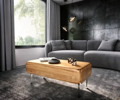 Produktbild von DELIFE Couchtisch Shavani 100x50 cm Akazie Natur 1 Schublade L-Fuß Edelstahl Silber