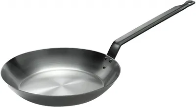 A black metal frying pan with a long handle is shown against a white background.