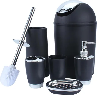 Obrázek produktu pro Koupelnové doplňky – sada – více než 8 dílů – toaletní kartáč – odpadkový koš – mýdlenka – dávkovač mýdla – držák na zubní kartáčky