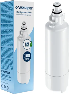 A refrigerator filter and its packaging are shown side-by-side against a white background.