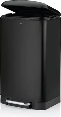 A black pedal bin with its lid open, shown from a slightly angled front view.