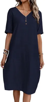 Sommerkleid für Damen - V-Ausschnitt, Leinen, Midi mit Taschen