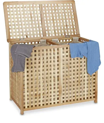 Productafbeelding van Duo wasmand - Walnotenhout - Brede wasbox - 2 waszakken - Dubbele wasverzamerlaar - 68 x 88 x 46 cm - Natuur