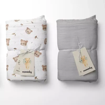 Produktbild von Muminky | Musselin Windeln - 50x60 cm - Grau und Braune Teddybären - Hipoallergen - Weich und Atmungsaktiv