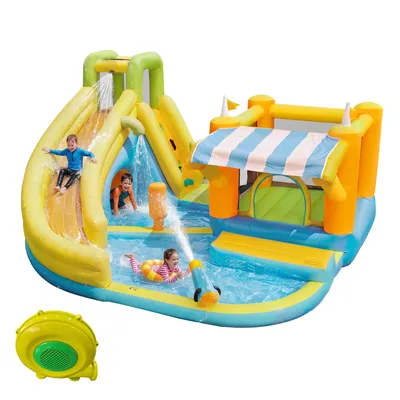 Produktbild von Flieks Aufblasbare Hüpfburg Wasserpark, Wasserpool mit Rutsche, Trampolin und Planschbecken, Spielburg Bouncer mit Gebläse, 433x375x165cm, Bunt