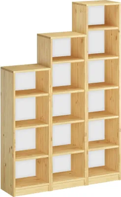 A wooden bookshelf with a stepped design, shown against a white background.
