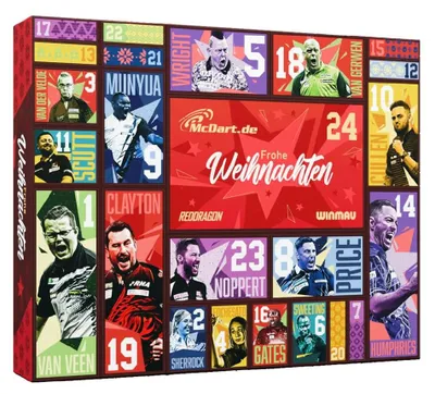 Produktbild von Adventskalender 2026 für Steeldarts 24 Türchen Marken RedDragon Winmau und 42 x 34 x 7 cm