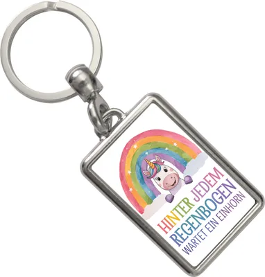 Produktbild von Lächelndes Einhorn Schlüsselanhänger Hinter jedem Regenbogen