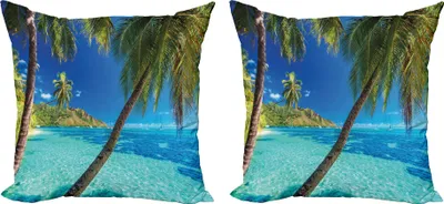 Obrázek produktu pro ABAKUHAUS Sada povlaků na polštářky Ocean (2ks), obrázek tropického ostrova s palmami a průzračným mořem, plážový motiv, 40 x 40 cm, tyrkysově modrá