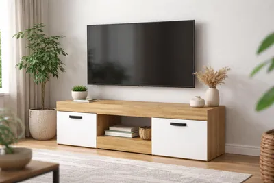 Produktbild von TV-Lowboard Weiss und Holz 150x49x28,2cm – Modernes Sideboard mit 2 Türen für W