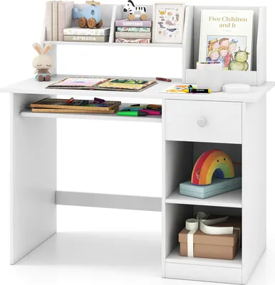 Produktbild von COSTWAY Kinderschreibtisch, Schülerschreibtisch, Studiertisch mit Bücherregal, Tastaturauszug & Schublade, Schreibtisch für Kinder von 3-6 Jahren