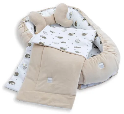 BABYNEST + DECKE + Kissen BEIGE Samt Velour/ Igel Braun Baumwolle Nestchen