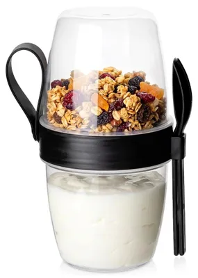 Image de Pot de yaourt avec cuillère - Boîte à lunch de 800 ml - Plastique - Compartiment pour les garnitures - Cuillère et fourchette - Transparent