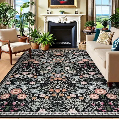 Produktbild von Teppich 160 x 230 cm, beige, Blumenmuster, Kurzflor, rutschfest, für Wohnzimmer