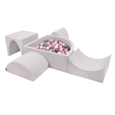 Image de KiddyMoon aire de jeux en mousse avec piscine en quart de cercle avec balles (200 balles) course d'obstacles, gris clair:blanc/gris/rose poudré
