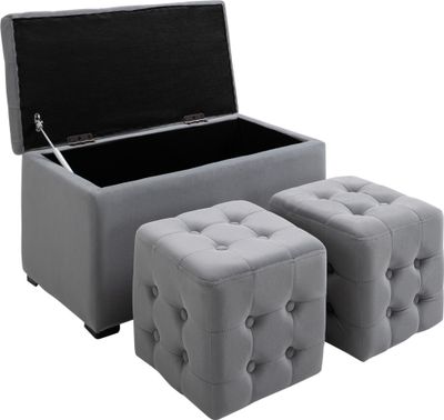 HOMCOM 3 tlg. Sitzbank mit Stauraum 2 x  Sitzhocker Polster Sitztruhe Fußhocker Aufbewahrungsbox Fußablage faltbar belastbar bis 130 kg Mikrofaserstoff Schaumstoff Holzwerkstoff Hellgrau 75x40x42 cm