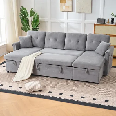 Zdjęcie produktu dla Sofa rozkładane - 206 x 130 x 85 cm, kolor szary, materiał: welur, praktyczna przestrzeń do przechowywania, funkcja spania, kieszenie po bokach