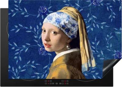 Produktbild von KitchenYeah© Herdabdeckplatte Mädchen mit Perlenohrring - Delfter Blau - Vermeer - Blumen - Gemälde - Alte Meister , 75x52cm, Küche Deko, Glaskeramikkochfeld Herdabdeckung, Abdeckplatte fùr Kochfeld