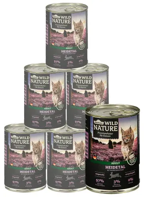 Produktbild von Dehner Wild Nature Katzenfutter Heidetal, Nassfutter getreidefrei / zuckerfrei, für ausgewachsene Katzen, Kaninchen / Huhn, 6 x 400 g Dose (2.4 kg)