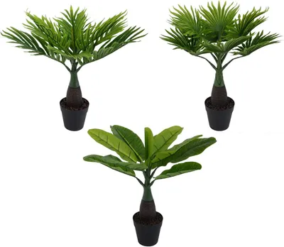 Produktbild von 3X künstliche Dekopflanze im Set Palme Kunstpflanzen im Topf Kunstblumen Fensterdeko künstliche Pflanze