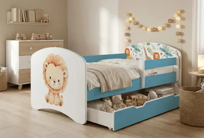 Immagine prodotto di Lettino Happy Babies con sponde di sicurezza per bambino, 140x70 cm, per cameretta con cassetto, materasso per lettino singolo, blu, adesivi colorati