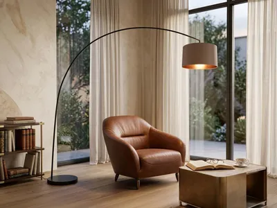Produktbild von LED Bogenlampe mit Stoffschirm in Taupe, große Stehlampe mit Bogen, Höhe 210cm