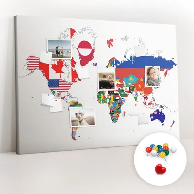 Obrázok produktu pre Korková tabuľa Tabuľa na poznámky Tabuľa na špendlíky - učebná pomôcka 140x100 cm - 100ks farebných kolíkov - Mapa štátnych vlajok