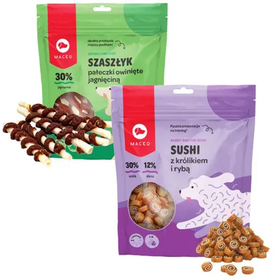 Zdjęcie produktu dla Maced Mix Przysmaków Dla Psa Sushi Królik Z Rybą 500g + Szaszłyki Z Jagnięciną 500g