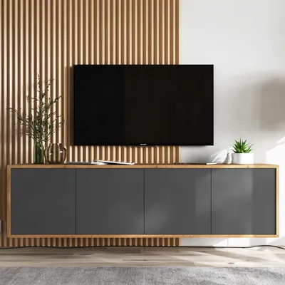Produktbild von TV-Wandschrank TV-Schrank Loft Style Apollo 2 Viertürig Modern Lindner Möbel 150cm x 39cm x 35cm Farbe: Wotan Eiche matt -  graphit matt