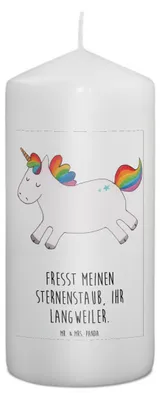 Produktbild von Mr. & Mrs. Panda Kerze Einhorn Happy 15 x 7 cm - Weiß - Geschenk, Einhörner, Stumpenkerze, Unicorn, Erinnerungskerze, Bedruckte, Blockkerze, Erinnerungslicht, Freude